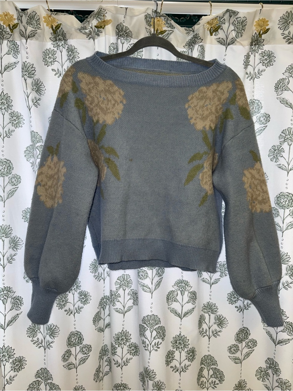 Blue Floral Crewneck Sweater - Women's Pullover